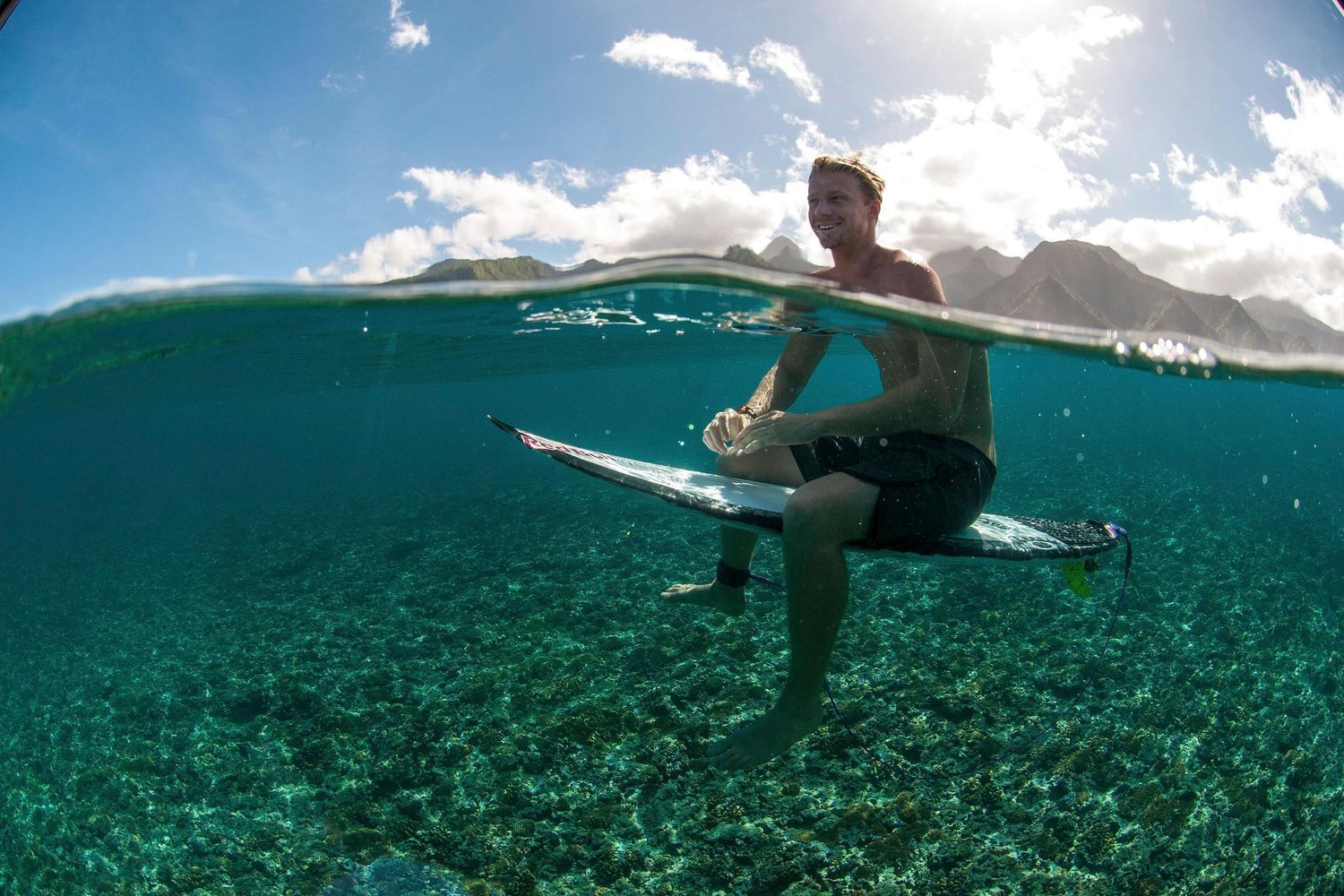 Kolohe Andino relaxes in Teahupoo, Tahiti, French Polynesia on August 16th, 2014